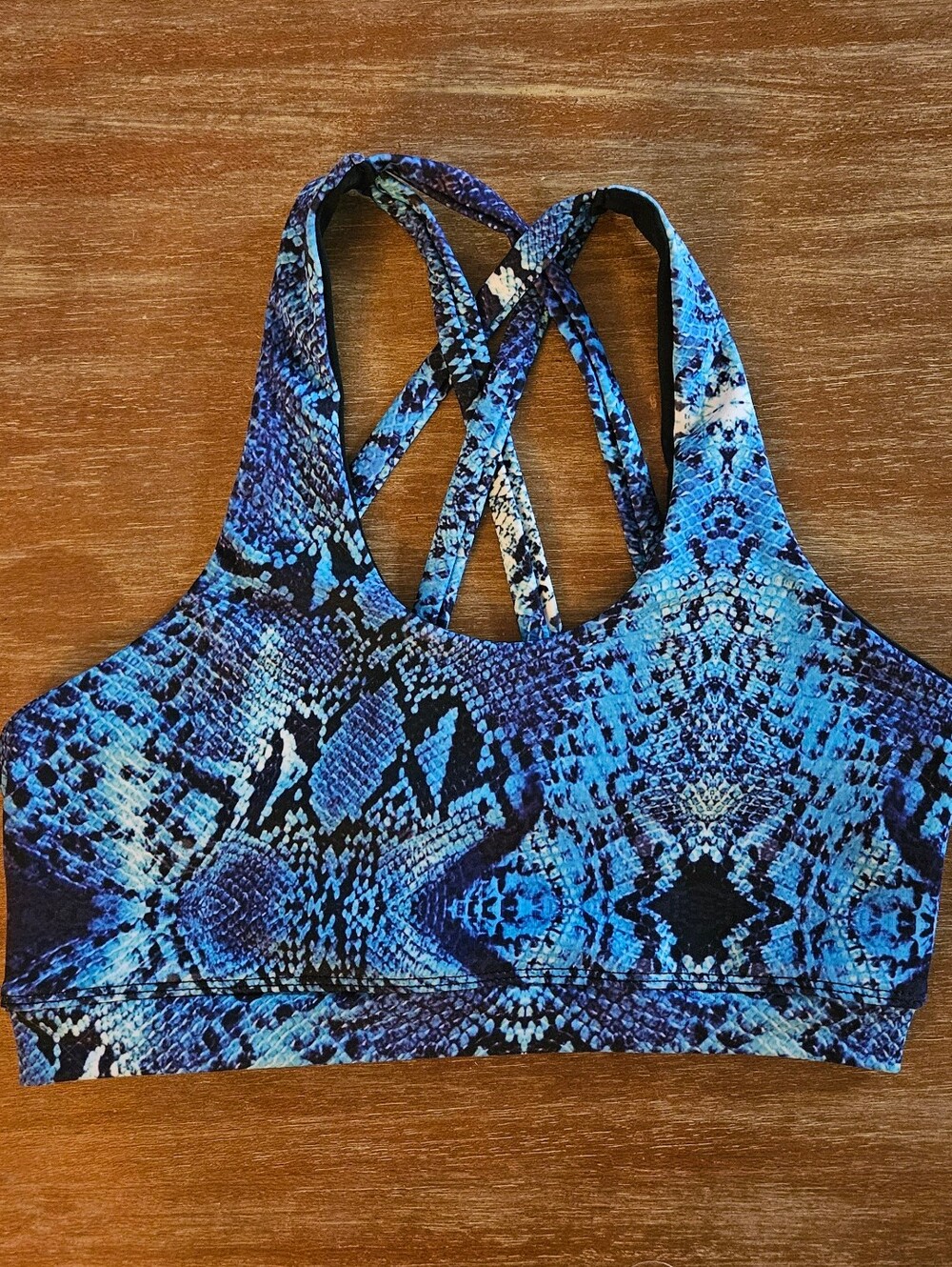 Blue Snake-Print Strappy Sports Bra - Women's Snakeskin Bra Aninal Print Large